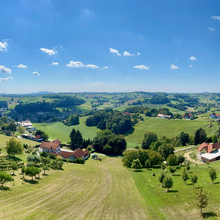 Luftaufnahme einer ländlichen Landschaft mit Häusern, grünen Feldern, Bäumen und einem blauen Himmel mit Wolken. Der Boden ist eine Mischung aus gepflügten Feldern und Grasflächen.