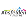 Das Ansfelen-Logo zeigt ein stilisiertes Gebäude mit einem Turm und bunten Linien über dem Text. Unter dem Logo steht der Slogan 'Wir san Ans.' in Deutsch.