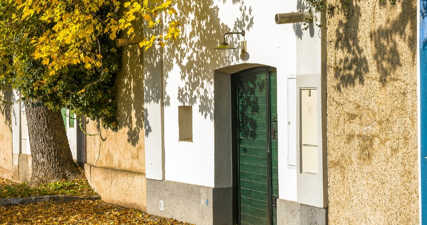 Eine Reihe von Gebäuden mit einem Baum auf der linken Seite und einer grünen Tür auf der rechten Seite.
