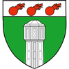 Ein heraldischer Schild mit einem grünen Feld, einem weißen Turm mit Fenstern und drei roten brennenden Bomben darüber.