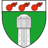 Ein heraldischer Schild mit einem grünen Feld, einem weißen Turm mit Fenstern und drei roten brennenden Bomben darüber.
