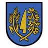 Ein blauer Schild mit gelbem Rand zeigt einen goldenen Weizenscheffel und eine Rebe, verflochten mit einer gelben Lanze.