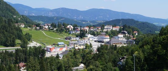 Luftaufnahme einer kleinen Stadt, eingebettet zwischen Bergen und umgeben von üppigem Grün und Bäumen. Die Stadt hat zahlreiche Gebäude und Häuser in verschiedenen Farben. Der Himmel ist klar und blau.
