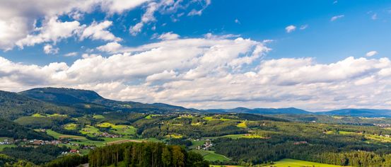 Luftaufnahme eines üppig grünen Tals mit Häusern und Bergen unter einem blauen Himmel mit verstreuten Wolken.