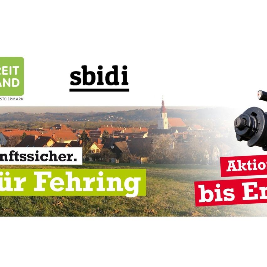 Ein Bild, das sbidi mit einem Dorfhintergrund bewirbt, zeigt Gebäude und einen Kirchturm. Aktion für die Umwelt bis zum Ende.