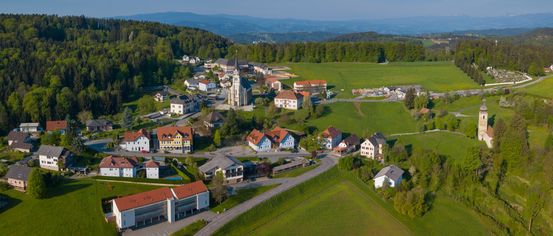 Ein Luftbild eines kleinen Dorfes auf dem Land mit Häusern und einer Kirche. Das Dorf ist von grünen Feldern und Bäumen umgeben. Es gibt eine Straße, die zum Dorf führt.