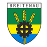 Das Breitenau Wappen zeigt einen Schild mit oben grün, in der Mitte gelb und unten blau. In der Mitte befindet sich ein Zahnrad, mit Weizen auf jeder Seite. Der Name 'BREITENAU' steht darüber.