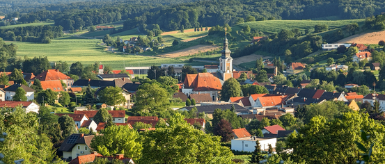 Eine Stadt mit zahlreichen Gebäuden, darunter Häuser und eine Kirche, liegt eingebettet zwischen üppigen grünen Hügeln und Bäumen. Die Landschaft ist mit Feldern durchsetzt, und Berge sind in der Ferne sichtbar.