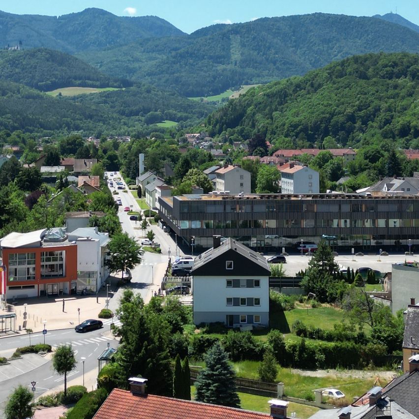 Luftaufnahme einer Stadt mit Häusern, Straßen und Bäumen. Im Hintergrund Berge unter blauem Himmel.