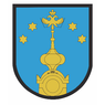 Ein blauer Schild mit schwarzem Rand zeigt einen goldenen Turm mit einem Kreuz oben. Um den Turm herum befinden sich fünf gelbe Sterne.