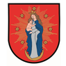 Ein Bild von Maria, die ein Kind hält, umgeben von Sternen, auf einem Halbmond, auf rotem Hintergrund.