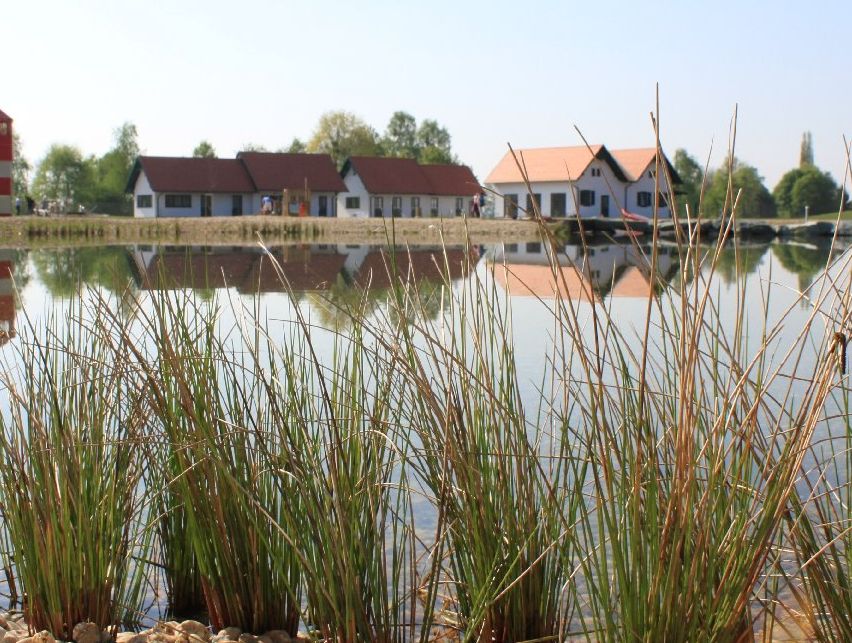 Eine ruhige Uferlandschaft mit einem kleinen rot-weißen Leuchtturm, einer Reihe idyllischer Häuser und einem klaren blauen Himmel. Das Wasser spiegelt die Häuser und Bäume wider.