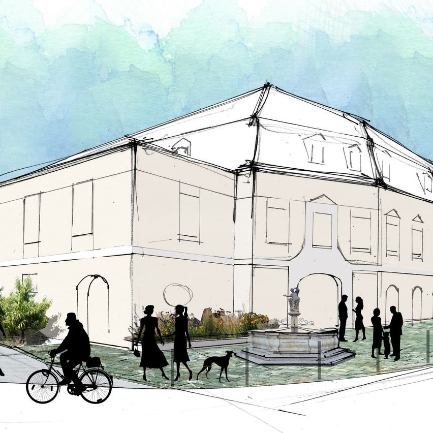 Eine Skizze eines großen Gebäudes mit einem Brunnen davor, einem Radfahrer und mehreren spazieren gehenden Personen. Bäume und Pflanzen im Vordergrund.