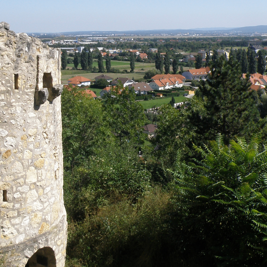 Ein Turm aus Stein überblickt eine Stadt mit vielen Häusern, einige mit roten Dächern. Die Stadt ist von Bäumen und grünen Feldern umgeben. In der Ferne sind Berge und ein klarer blauer Himmel zu sehen.