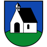 Eine einfache Illustration einer Kirche mit einem Turm und einer Glocke, auf einem grünen Hügel vor einem blauen Hintergrund.
