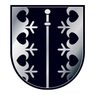 Ein schwarzer und silberner Schild mit einem zentralen Schwert und vier Herzformen auf weißem Hintergrund.