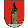 Ein heraldisches Schild mit rotem Hintergrund zeigt eine hohe turmartige Struktur in Braun mit einem spitzen Dach.