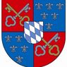 Ein heraldischer Schild mit rotem Hintergrund, blau-weiß kariertem Zentralemblem, goldenen Schlüsseln und Fleur-de-Lis-Symbolen.