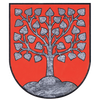 Ein roter Schild mit einem Baumdesign aus ineinandergreifenden Herzformen. Der Baum ist grau und der Schild hat einen schwarzen Rand.