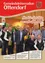Titelseite eines Büro-Newsletters mit einer Gruppe von Menschen, die einen Geburtstag feiern, einem Mann im Rollstuhl, der einen Blumenstrauß und eine Weinflasche hält.