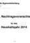 Das Bild zeigt ein Dokument mit dem Titel 'Gemeinde Sigmundsherberg' in Horn, Österreich. Es weist eine Fläche von 1,666 Quadratmetern aus und stellt einen 'Nachtragsvoranschlag' für das Haushaltsjahr 2014 vor. Das Dokument ist als Seite 1 gekennzeichnet.