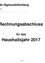 Das Bild zeigt einen Dokumentenkopf für die Gemeinde Sigmundsherberg in Horn, Niederösterreich, Österreich. Es steht 'Rechnungabschluss für das Haushaltsjahr 2017' und gibt eine Fläche von 1.636 Quadratmetern an. Das Dokument befindet sich auf Seite 1.