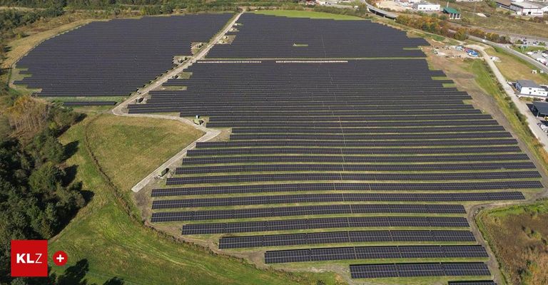 Luftaufnahme eines großen Solarparks mit vielen Reihen von Solarmodulen, die Sonnenlicht einfangen. Das Feld ist grün mit einem Weg. Bäume und Gebäude sind in der Ferne sichtbar.
