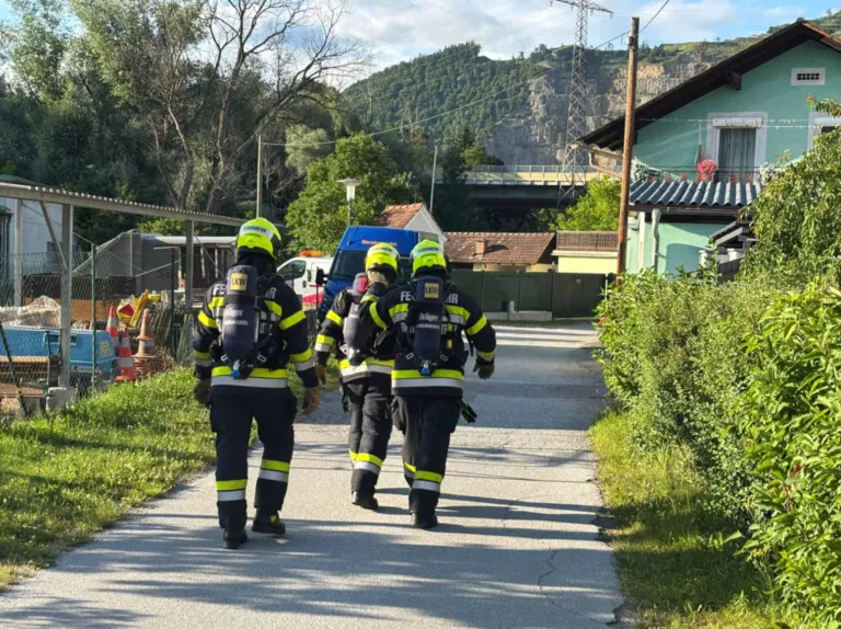 Drei Feuerwehrleute in gelben und schwarzen Uniformen gehen einen Weg entlang und tragen Rucksäcke. Dahinter steht ein Gebäude mit einem grünen Dach und eine Brücke über einem Hügel.