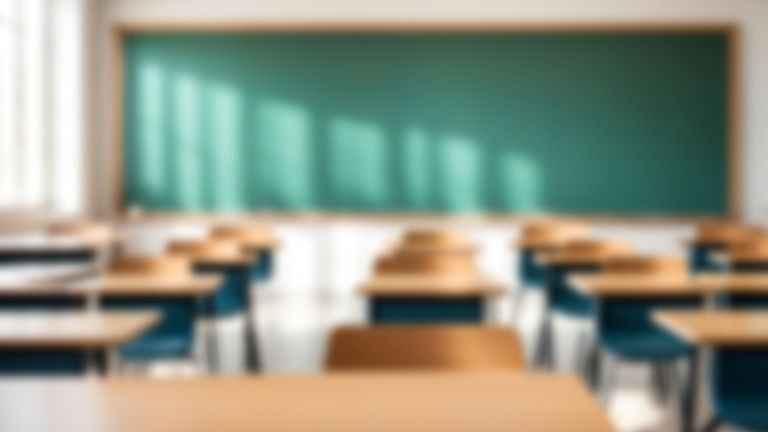 Ein verschwommenes Bild eines Klassenzimmers mit Holztischen und blauen Stühlen, einer grünen Tafel im Vordergrund und Sonnenlicht, das den Raum erhellt.