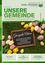 Ein Werbeflyer für die Marktgemeinde Dobl-Zwaring mit einem schwarzen Brett, auf dem 'Gesegnete Ostern' steht, umgeben von Ostereiern und Tulpen.