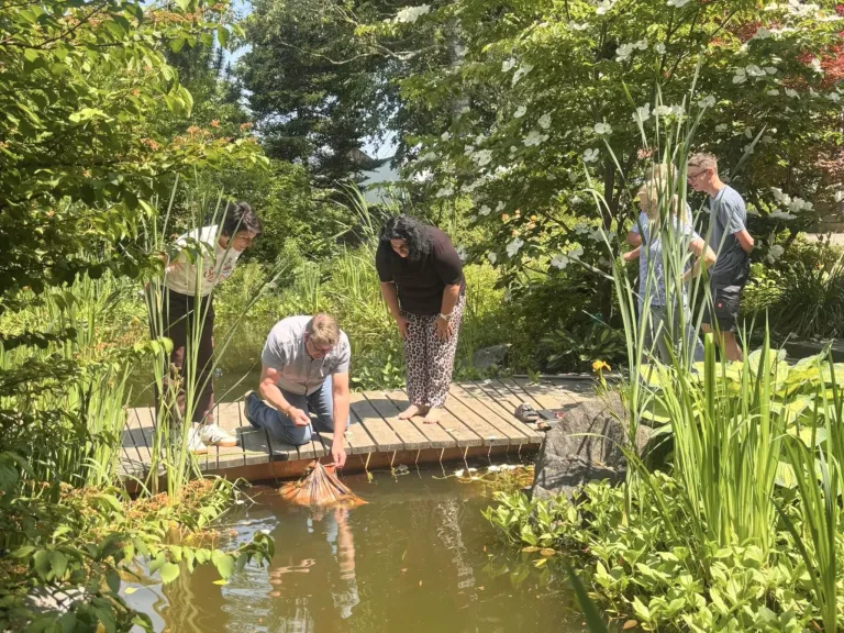 Eine Gruppe von Menschen versammelt sich um einen kleinen Teich, wobei eine Person ein Netz hält. Sie scheinen zu angeln.