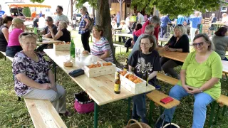 Mehrere Menschen sitzen unter einem Baum an einem Picknicktisch mit Pfirsichen und Getränken. In der Nähe unterhalten sich andere und sitzen an anderen Tischen. Die Umgebung ist im Freien, mit einem Vordach und einem Gebäude im Hintergrund.
