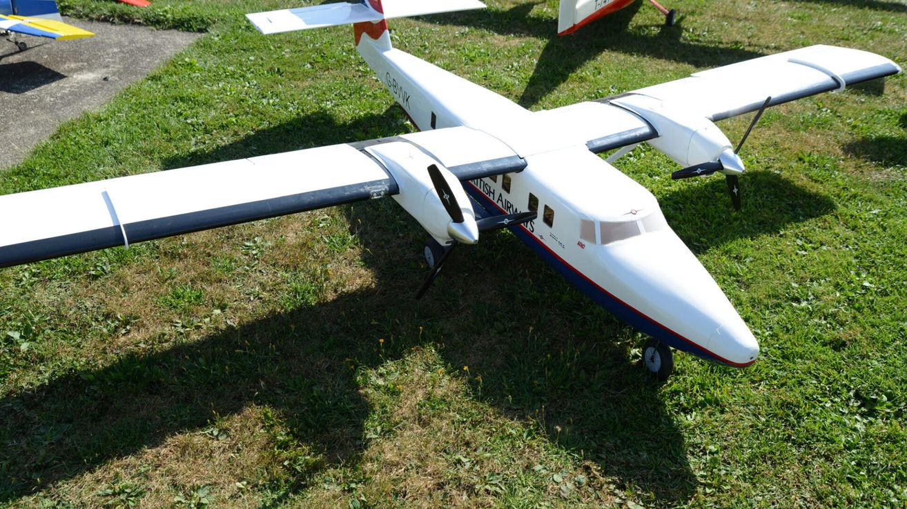Ein weißes Flugzeug mit roten und blauen Akzenten steht auf Gras. Das Flugzeug hat den Text 'British Airways' an seiner Seite.