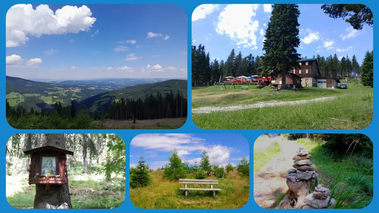 Vier Landschaften in einer Collage: ein Bergblick, ein Grasfeld, eine Bank im Wald und ein Steinstapel.