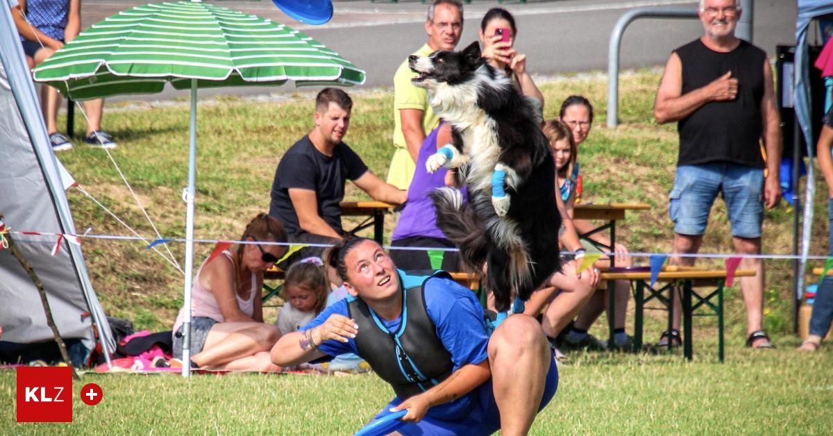 Eine Frau führt mit einem Hund eine Kunststück vor und hält einen Frisbee. Menschen sitzen auf Bänken und schauen zu. Ein grüner und weißer Schirm ist in der Nähe.