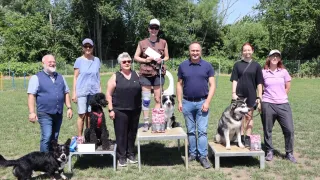 Eine Gruppe von Menschen mit Hunden auf einem Rasenfeld. Eine Frau hält ein Papier in der Hand und steht zwischen zwei Tischen, auf denen Hunde sitzen.
