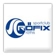 Das Bild zeigt das Logo für Rofix, einen Sportclub. Das Logo hat ein blau-weißes Design mit einem Wellensymbol und dem Text 'Rofix' in Fettdruck. Unter dem Hauptlogo steht der Text 'rothis' in kleinerer Schrift.
