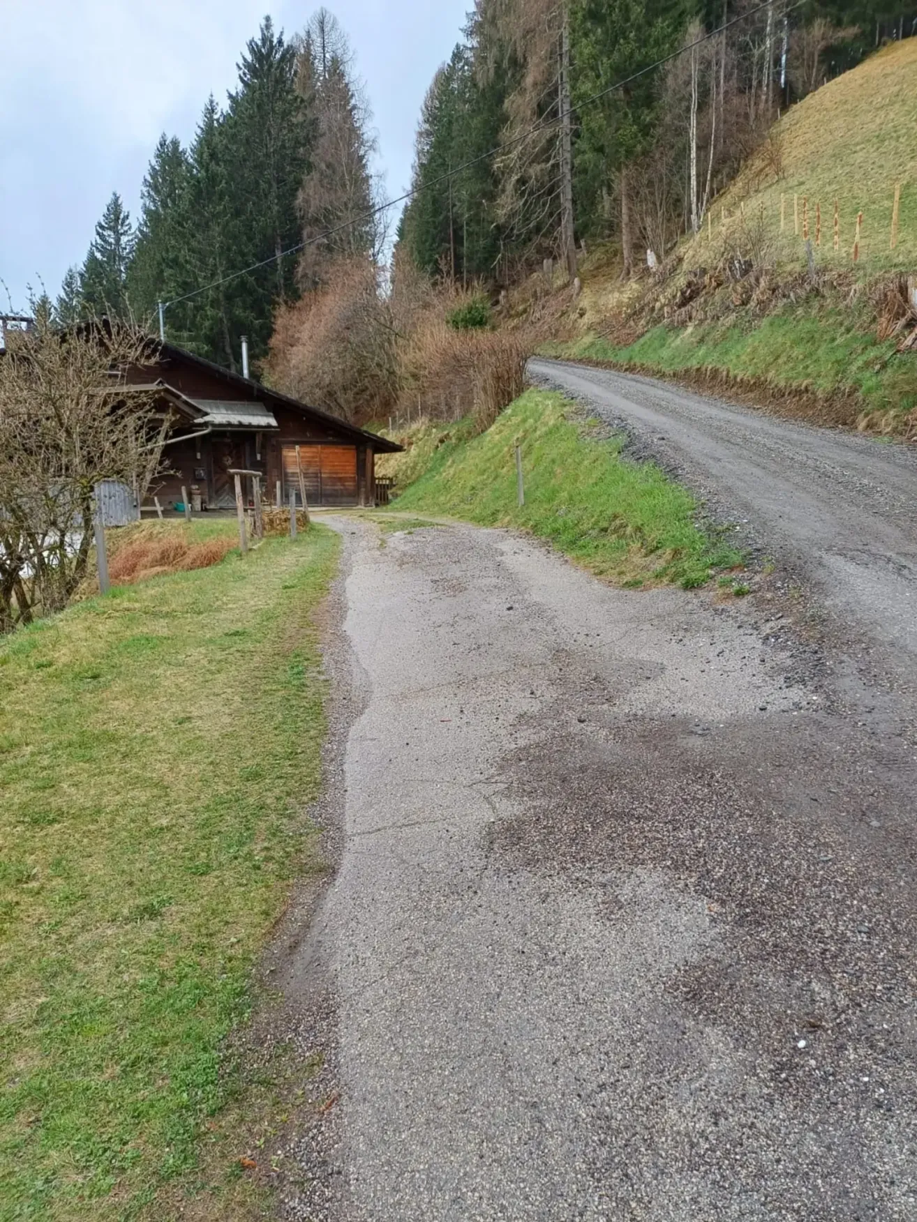 Ein Kiesweg führt zu einem von Grün umgebenen Holzhaus, mit einem Hang und einem Zaun in der Nähe. Bäume und Pflanzen säumen den Weg.