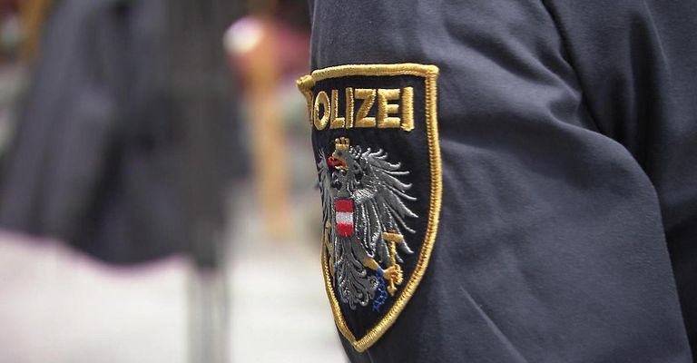 Ein Nahaufnahme eines Polizeiabzeichens auf einem blauen Uniform mit goldenem Rand, mit einem Adler, einem Schwert und einem Schild mit dem Wort 'POLIZEI'.
