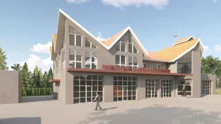 Eine architektonische Darstellung eines modernen Feuerwehrhauses mit mehreren Glasfenstern und einem eintretenden Feuerwehrmann. Das Gebäude hat ein dreieckiges Dachdesign.