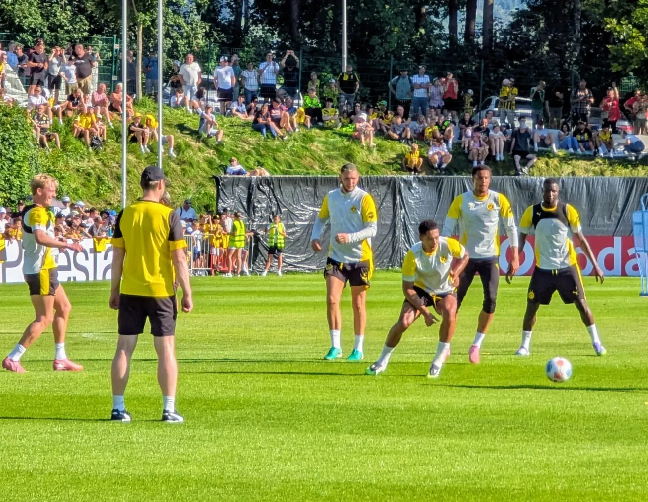 Fußballspieler in gelben und weißen Trikots trainieren auf dem Feld mit einem Fußball auf dem Rasen, während Zuschauer von den Seitenlinien zuschauen.