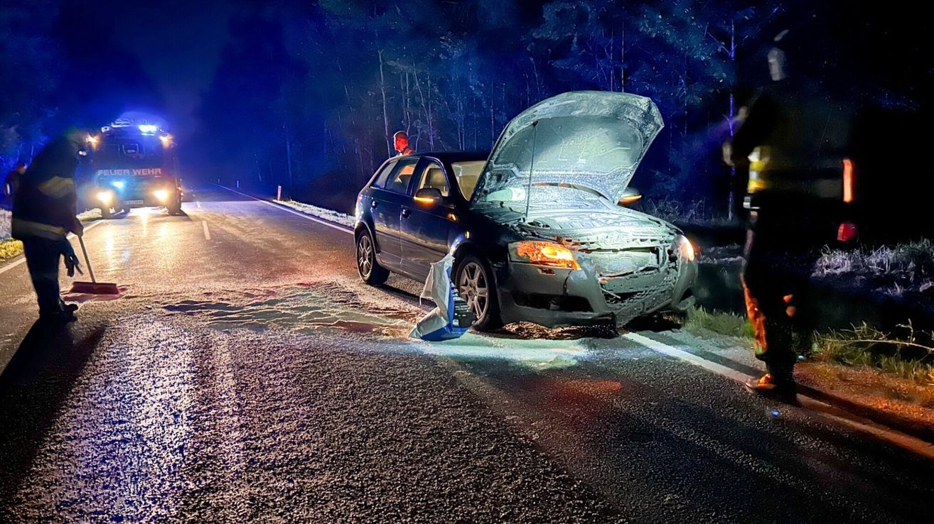 Ein beschädigtes Auto steht bei Nacht am Straßenrand. Die Motorhaube ist offen, und die Front ist demoliert. Eine Person steht in der Nähe.