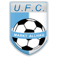 Das Logo des U.F.C. Mark Allhau zeigt einen Fußball innerhalb eines Schildes, wobei der Text U.F.C. oben und Mark Allhau unter dem Ball steht.