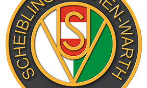 Rundes Logo mit goldenen Kanten. Zentrales Emblem mit einem roten 'S' auf weißem und grünem Hintergrund. Der Text 'SCHEIBLINGKIRCHEN-WARTH' umgibt das Emblem mit '1950' in der Mitte.