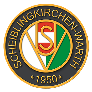 Rundes Logo mit goldenen Kanten. Zentrales Emblem mit einem roten 'S' auf weißem und grünem Hintergrund. Der Text 'SCHEIBLINGKIRCHEN-WARTH' umgibt das Emblem mit '1950' in der Mitte.