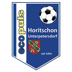 Das Logo von Horitschon Unterpetersdorf zeigt einen Fußball, ein Wappen mit Trauben und einem Schlüssel und den Text 'seit 1954'. Es hat einen blau-weißen Hintergrund.