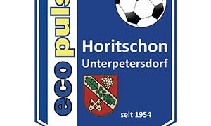 Das Logo von Horitschon Unterpetersdorf zeigt einen Fußball, ein Wappen mit Trauben und einem Schlüssel und den Text 'seit 1954'. Es hat einen blau-weißen Hintergrund.