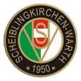 Ein rundes Emblem mit einem rot-weißen Schild, einem weißen Stern links und den Buchstaben 'S' in der Mitte. Der Text lautet 'SCHEBLINGKIRCHEN-WARH' und das Jahr '1950' steht darunter.