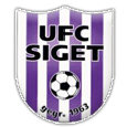 Das Logo des UFC Siget, mit einem Fußball im Zentrum, zeigt den Text 'UFC SIGET' in fetten weißen Buchstaben auf einem lila-weiß gestreiften Hintergrund, darunter das Jahr '1963'.