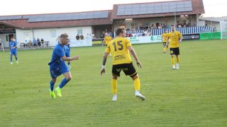 Fußballspieler in gelben und blauen Trikots spielen auf einem Feld. Ein Spieler mit der Nummer 15 läuft und schaut einen anderen Spieler an. Zuschauer sitzen hinter einer Barriere.